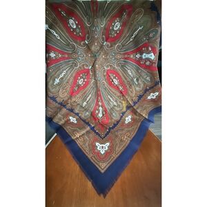 Club 7 Echo Scarf Womens Navy Red Gold Paisley 100% Wool Square Made in Japan
